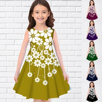 2023 Vestido de Verano de Niña Impresos en 3D para Niños Partydress sin Mangas Vestido de Princesa Hermosa Falda de flores Diaria de la Rodilla-longitud de la Falda