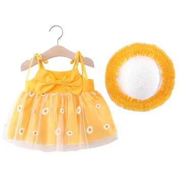 2PCS Bebé de Verano Conjuntos de Ropa Infantil Vestidos de Niñas Lindas Flores Arco de Algodón sin Mangas Vestido de+Sombrero para el sol coreano Niños Ropa