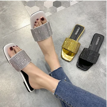 Brillante cristal zapatillas glitter zapatos de playa plana tacones de zapatos de mujer de celosías de diamante de imitación de diapositivas de oro y plata sandalias zapatos pantufa
