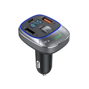 Cargador de coche Bluetooth 5.0 Transmisor de FM PD 30W+QC3.0 Potente de Doble Micrófono de Manos Libres Bluetooth con 7-Color de luz de fondo