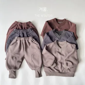 ciervo jonmi Nuevo Invierno coreano Estilo de Bebé Ropa de Niños Conjuntos de Espesar Calientes Sudaderas Pantalones 2pcs Color Sólido Niños pequeños Trajes de Niños