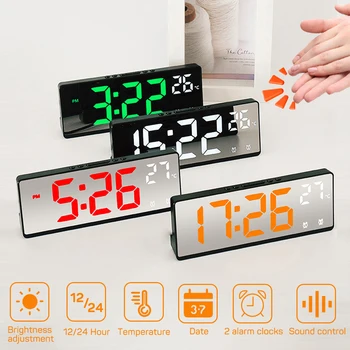 Control de voz Digital con LED de Alarma Modo de Reloj 12/24H de Batería Powered Tabla Electrónica de Escritorio Relojes Espejo Reloj de Alarma para el Dormitorio