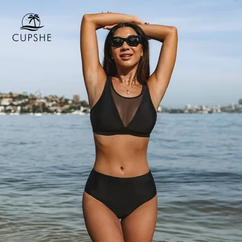CUPSHE Malla Negra de Cintura Alta del Bikini Set Traje de baño Para las Mujeres Sexy Cuello Alto Dos Piezas de ropa de playa 2023 Traje de Baño trajes de baño
