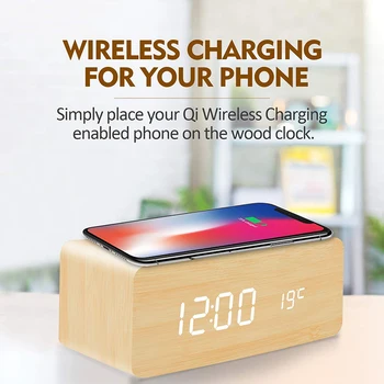 De madera Eléctrico Digital Reloj de Alarma con Qi Wireless Charging Pad de la Pantalla LED de Control de Voz de Reloj Para el Hogar Dormitorio Decoración