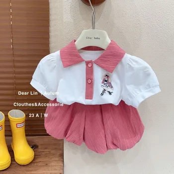 De verano de la Rosa de la Camisa de Polo Niñas Niños Ropa Conjunto de Dos piezas Conjunto de Top+pantalones cortos de la Ropa del Bebé de los Niños de Cumpleaños Trajes Para las Mujeres