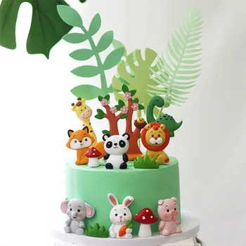 Dibujos animados de Animales del Bosque Topper de la Torta Safari en la Selva de Dinosaurios Cupcake Decoración Lindo Bosque de Lomo de Conejo 1er Niño de la Torta de Cumpleaños Decoración