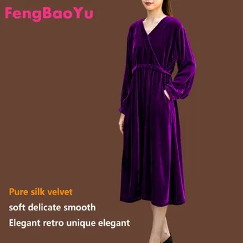 Fengbaoyu de Terciopelo de la Primavera y el Otoño de Señora de manga Larga V-cuello a Medio-largo Vestido de Luz Extravagante Temperamento Vestido Morado 5XL