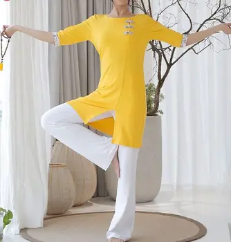 las mujeres de alta calidad de Verano y Primavera alta elasticidad de Yoga traje zen laicos meditación ropa de tai chi uniformes azul/amarillo