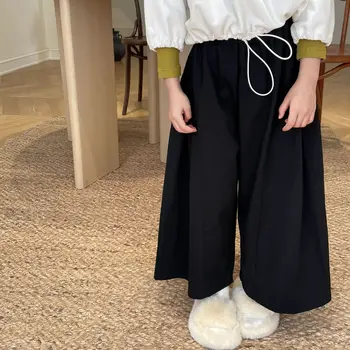 Los niños Ropa de Niños: Pantalones Negros 2023 Estilo coreano Nuevo la Primavera y el Otoño de las Niñas Lindo Casual Color Sólido Sueltos Pantalones de Pierna Ancha