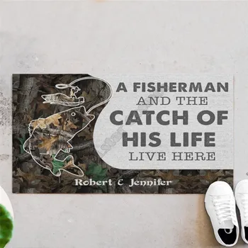Personalizada de Un pescador y la captura de su vida viven aquí tapete Impreso en 3D Antideslizante en la Puerta Esteras del Piso de la Decoración del Porche Felpudo