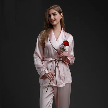 Pijamas de seda Traje de Moda Pijamas Para mujeres Mujeres de Verano de Dos piezas de Servicio a domicilio de Manga Larga de corea Pijamas de Seda Rosa de Otoño