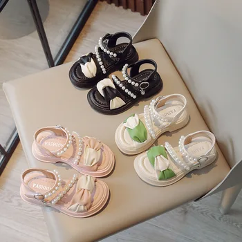 Sandalias de niñas 2023 Nuevo Verano de la Princesa Blanca de Sandalias de la Perla de la Plataforma de Bebé Zapatos de Playa antideslizante Plana Niñas Casual Sandalias