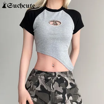 SUCHCUTE coreano de la Moda de Contraste de Patchwork Mujer camisetas Góticas de Manga Corta 'Crop Tops' Streetwear Hueco Asimétrico Ropa