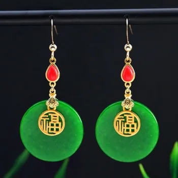 Tallado Natural Verde Jade de Plata 925 con Incrustaciones de bendición Pendientes de Amor China Encanto de la Joyería de la Moda de Mujer Afortunada Amuleto de Regalos