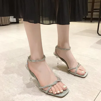 Una Palabra con Sandalias de Mujer de Hadas Estilo de 2023 Nuevo coreano de Verano de diamante de imitación de tacón de Aguja zapatos de Tacón Alto de las Mujeres