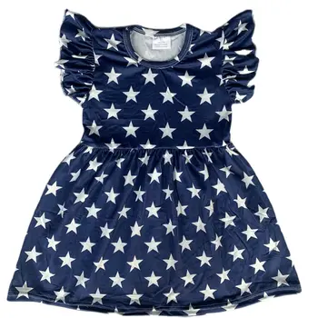 Verano Boutique Linda Chica la Ropa de los Niños de color Azul Oscuro Estrella de Cinco puntas de Impresión de Patrón de Vestido